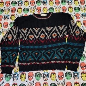 Vintage Hand Woven Pattern Crewneck Sweater Large Heavy Weight